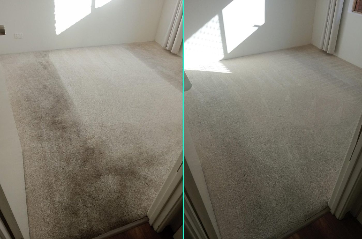 Before and after vacate carpet cleaning showing a noticeably cleaner bedroom carpet
